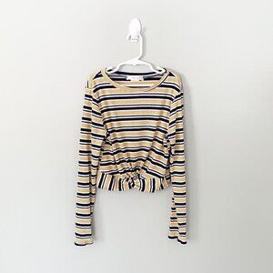 5/$25 Gaze USA blue yellow striped long sleeve crop knit lightweight knot top